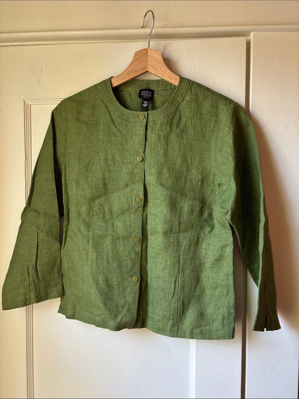 Eileen Fisher Olive-Green Round-Neck Linen Jacket